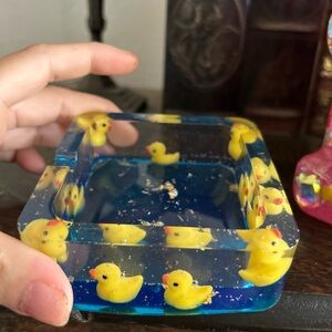 Blue Resin Ashtray with Yellow Duck Design